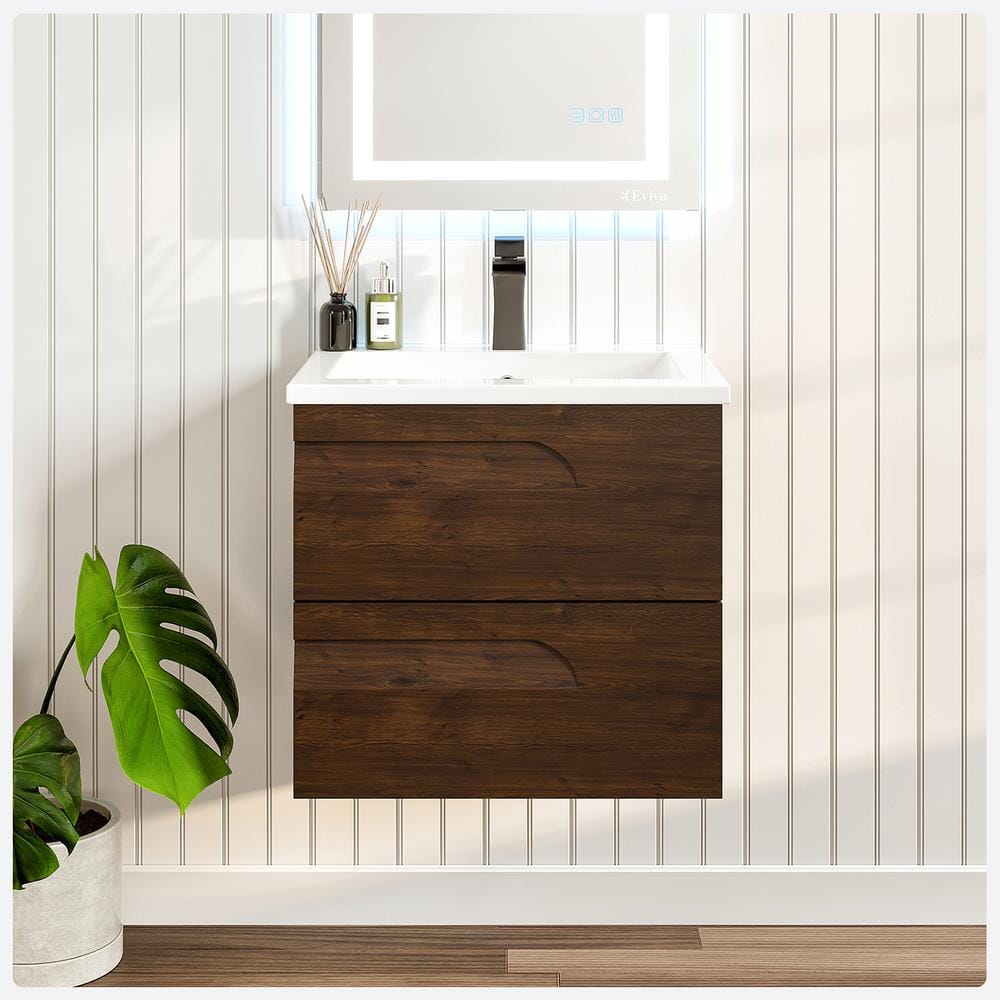 Eviva Joyous 24 in. W x 18 in. D x 22.5 in. H Floating Bath Vanity in Rosewood with White Porcelain Top