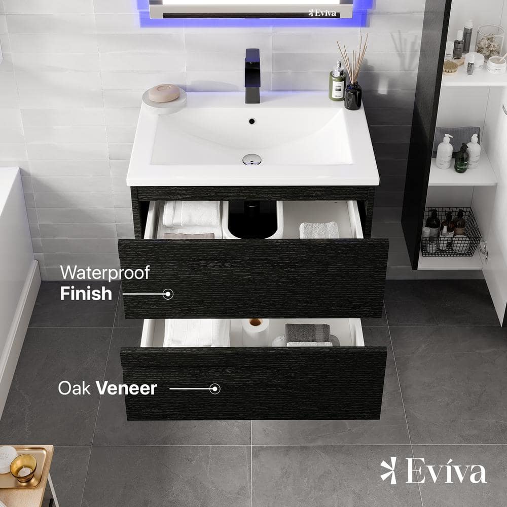 Eviva Joy 28 in. W x 18 in. D x 21 in. H Floating Bathroom Vanity in Black with White Porcelain Top with White Integrated Sink