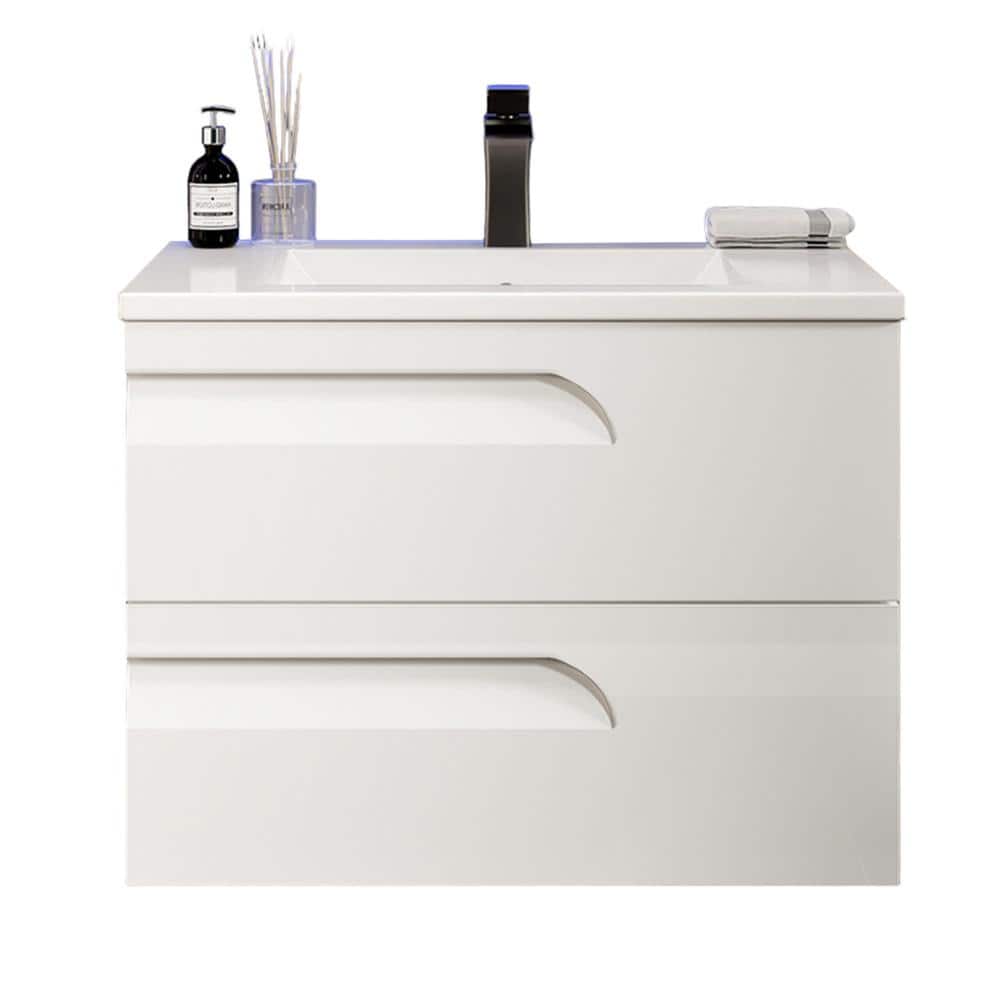 Joyous 32 in. W x 18 in. D x 22.5 in. H Floating Bath Vanity in White with White Porcelain Top