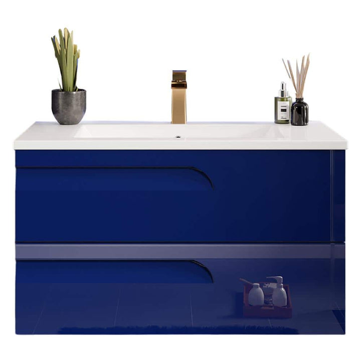 Eviva Joyous 39 in. W x 18 in. D x 22.5 in. H Floating Single Sink Bath Vanity in Blue with White Porcelain Top