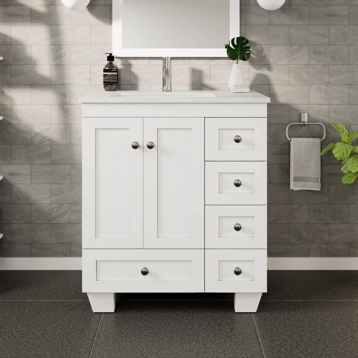 Eviva Happy 28 in. W x 18 in. D x 34 in. H White Bathroom Vanity with White Carrara Marble Top and White Undermount Sink