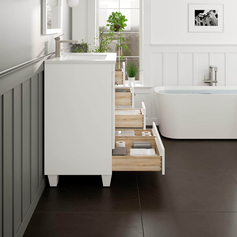 Eviva Happy 30 in. W x 18 in. D x 34 in. H Bathroom Vanity in White with White Carrara Marble Top and White Undermount Sink