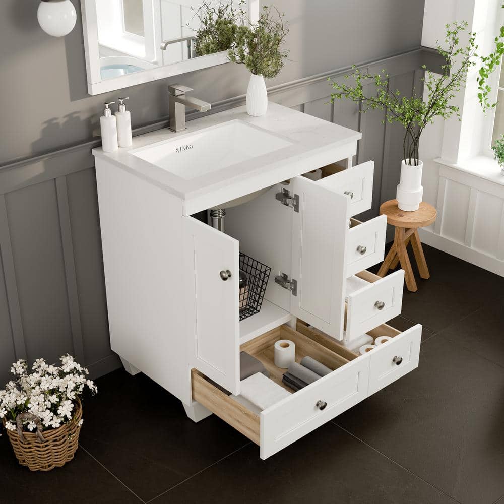 Eviva Happy 30 in. W x 18 in. D x 34 in. H Bathroom Vanity in White with White Carrara Marble Top and White Undermount Sink