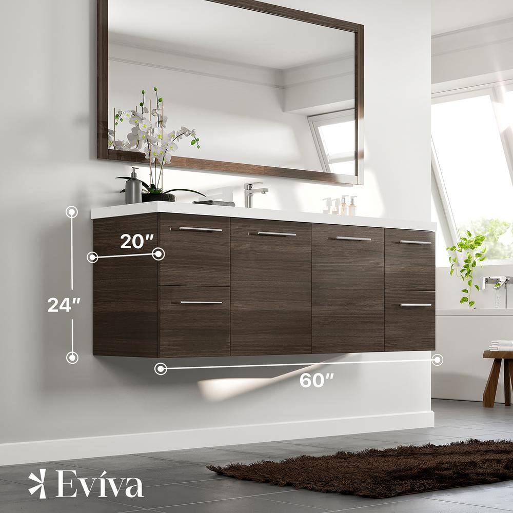 Eviva Luxurious 60 in. W x 22 in. D x 26 in. H Floating Bath Vanity in Gray Oak with White Tempered Glass Top