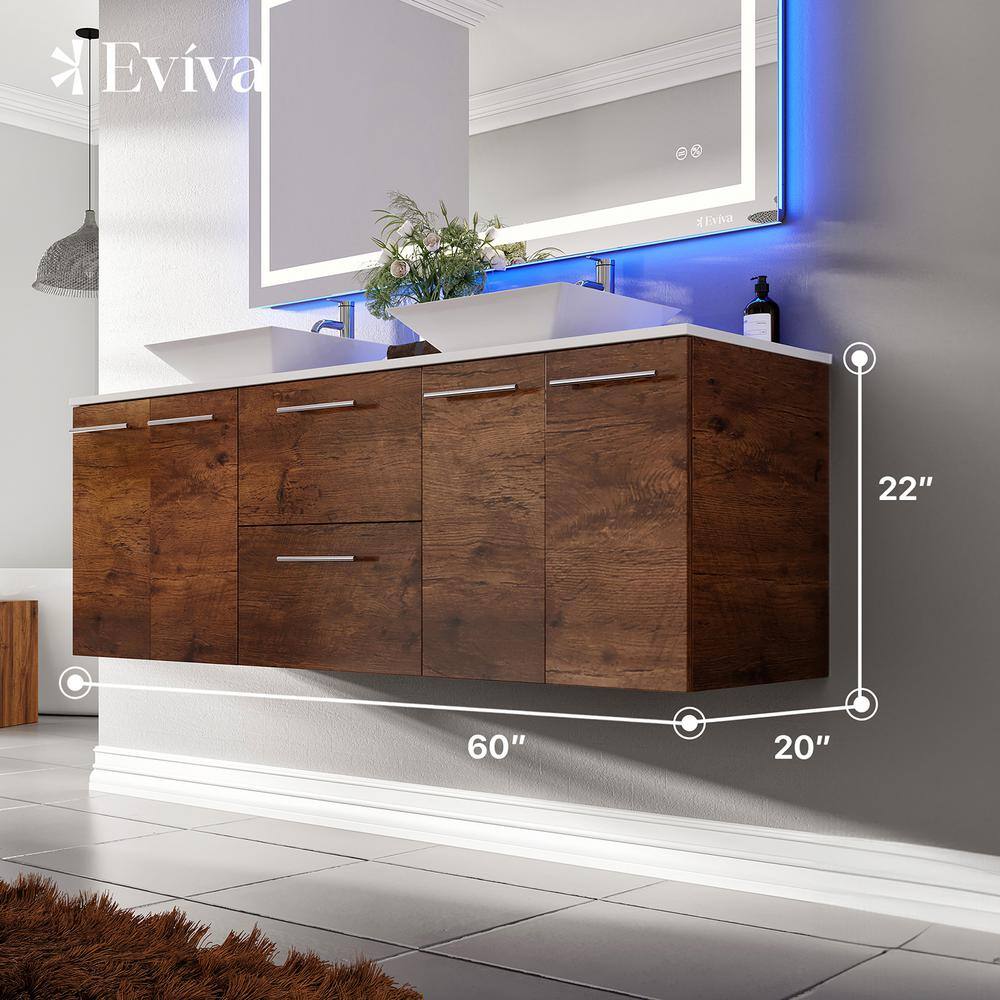 Eviva Lux 60 in. W x 21 in. D x 26 in. H Floating Bath Vanity in Rosewood with White Tempered Glass Top