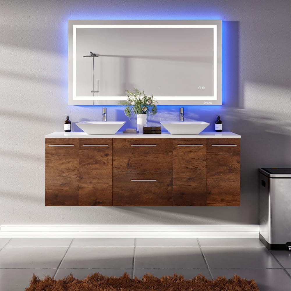 Eviva Lux 60 in. W x 21 in. D x 26 in. H Floating Bath Vanity in Rosewood with White Tempered Glass Top