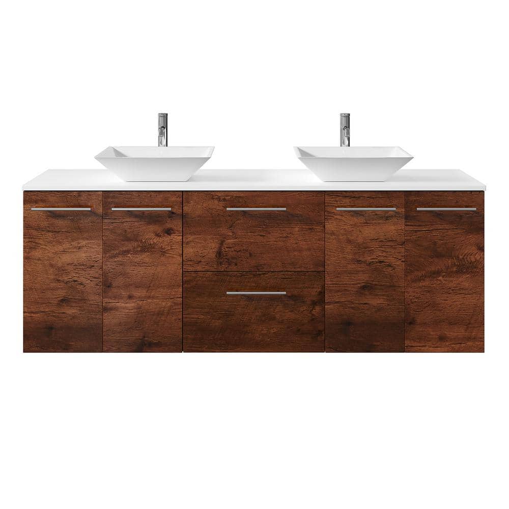 Eviva Lux 60 in. W x 21 in. D x 26 in. H Floating Bath Vanity in Rosewood with White Tempered Glass Top