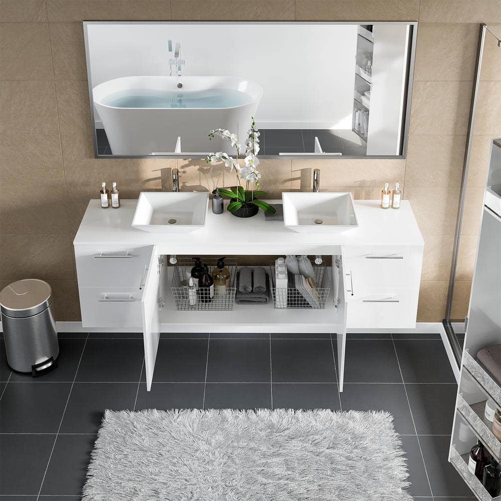 Eviva Luxy 72 in. W x 20 in. D x 23 in. H Floating Bath Vanity in White with White Tempered Glass Top