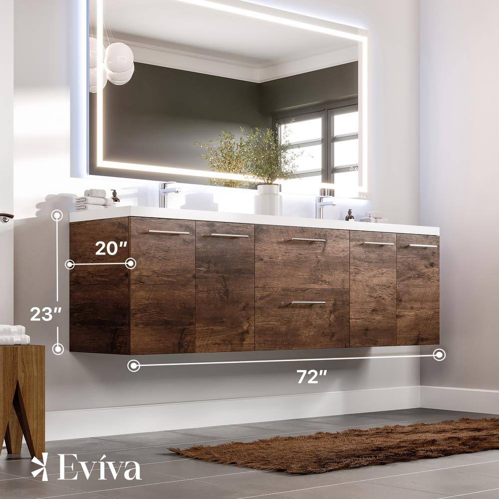 Axis 72 in. W x 20 in. D x 23 in. H Floating Double Sink Bath Vanity in Rosewood with White Acrylic Top