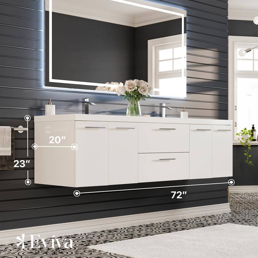 Axis 72 in. W x 20 in. D x 23 in. H Floating Double Sink Bath Vanity in White with White Acrylic Top