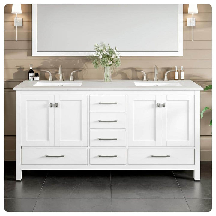 Eviva Aberdeen 72 in. W x 22 in. D x 34 in. H Double Sink Freestanding Bath Vanity in White with White Carrara Quartz Top