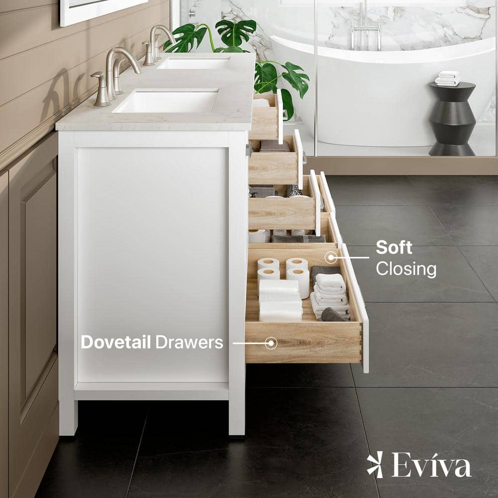 Eviva Aberdeen 72 in. W x 22 in. D x 34 in. H Double Sink Freestanding Bath Vanity in White with White Carrara Quartz Top