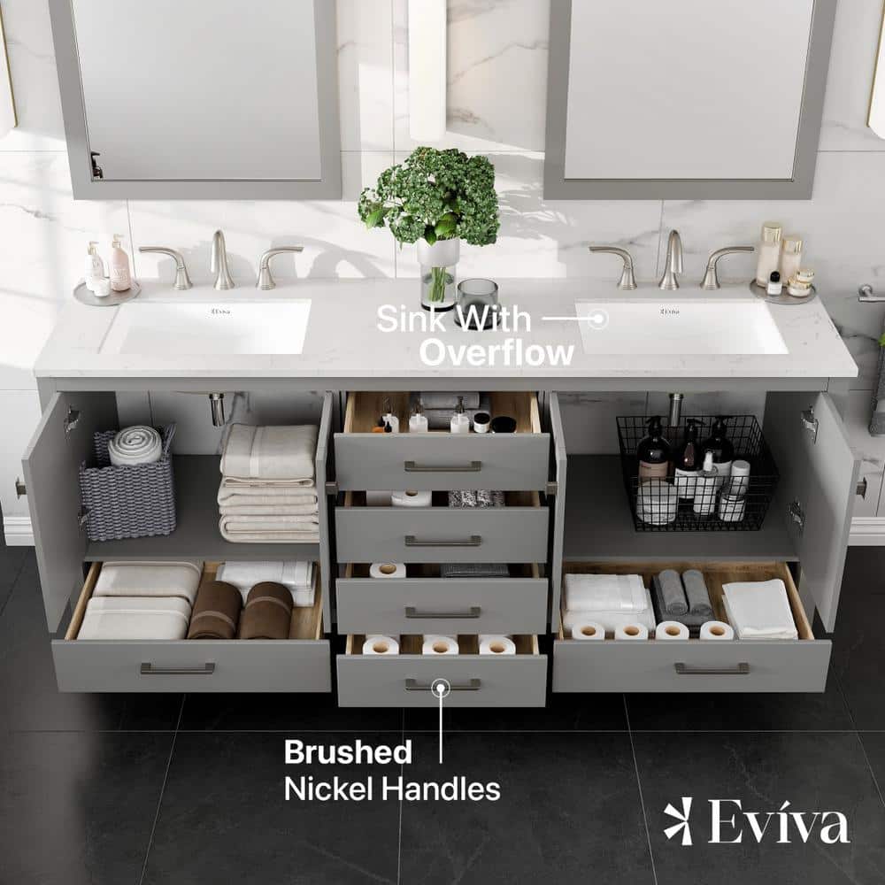 Eviva Aberdeen 78 in. W x 22 in. D x 34 in. H Double Bathroom Vanity in Gray with Carrara Top and White Undermount Sinks