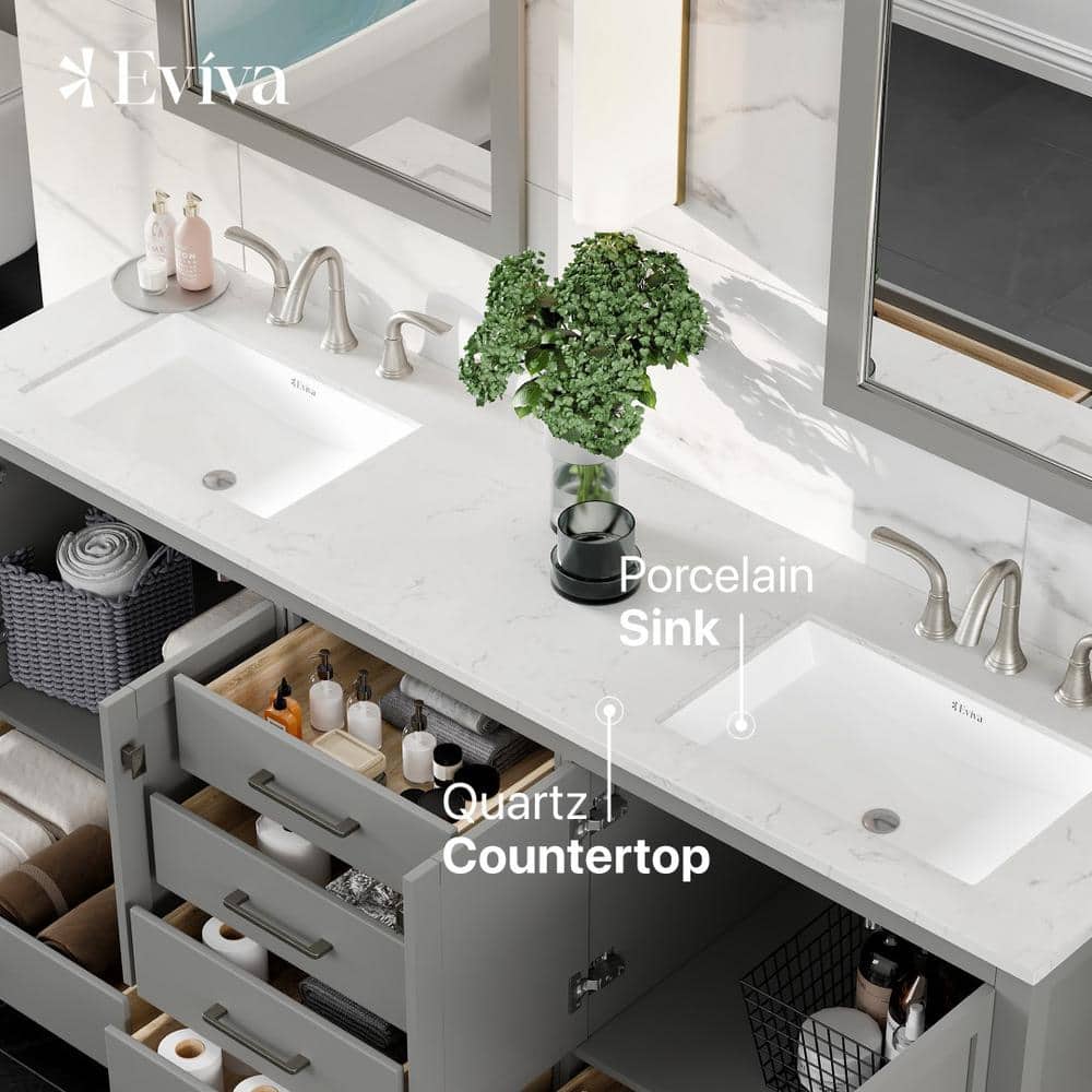 Eviva Aberdeen 78 in. W x 22 in. D x 34 in. H Double Bathroom Vanity in Gray with Carrara Top and White Undermount Sinks