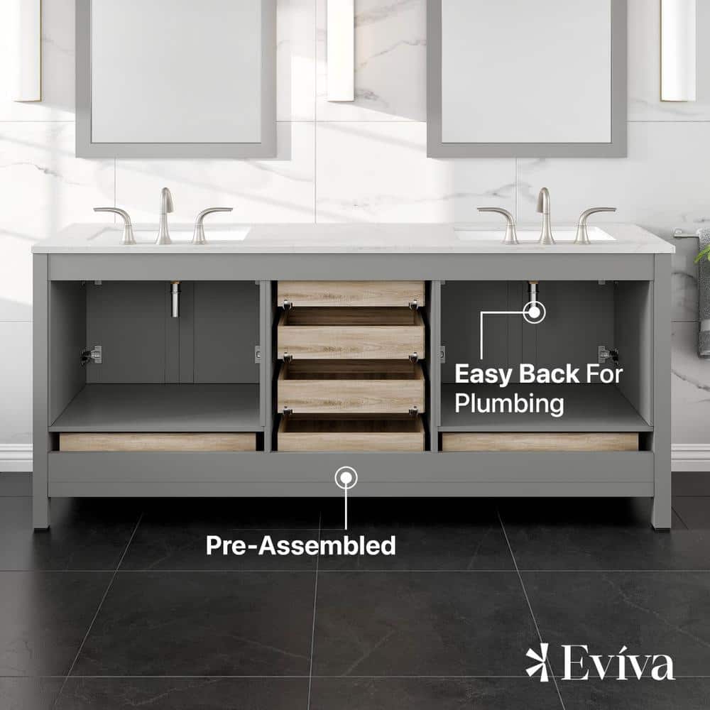 Eviva Aberdeen 78 in. W x 22 in. D x 34 in. H Double Bathroom Vanity in Gray with Carrara Top and White Undermount Sinks