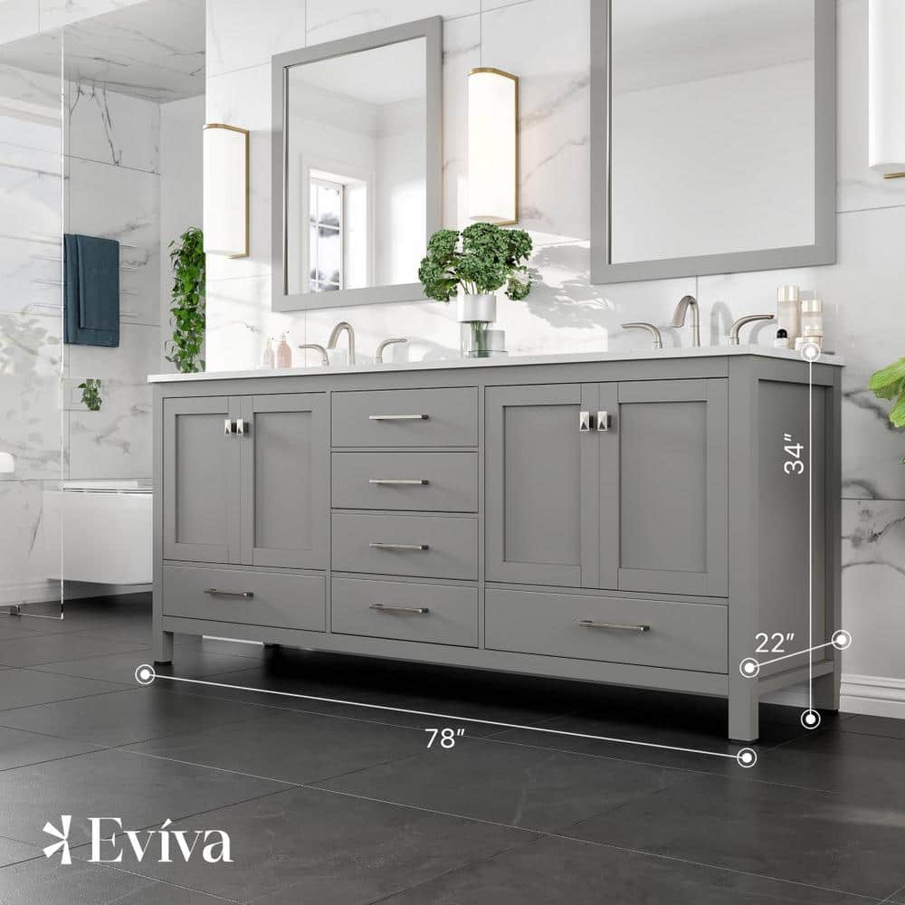 Eviva Aberdeen 78 in. W x 22 in. D x 34 in. H Double Bathroom Vanity in Gray with Carrara Top and White Undermount Sinks