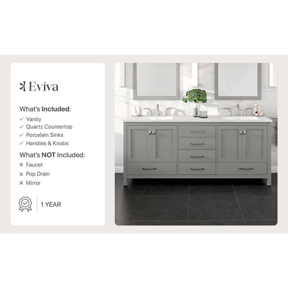 Eviva Aberdeen 78 in. W x 22 in. D x 34 in. H Double Bathroom Vanity in Gray with Carrara Top and White Undermount Sinks