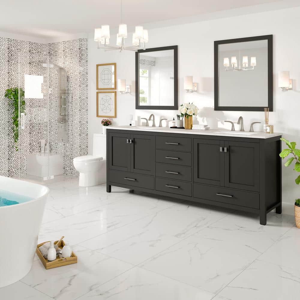 Eviva Aberdeen 78 in. W x 22 in. D x 34 in. H Double Bath Vanity in Espresso with White Carrara Marble Top and White Sinks