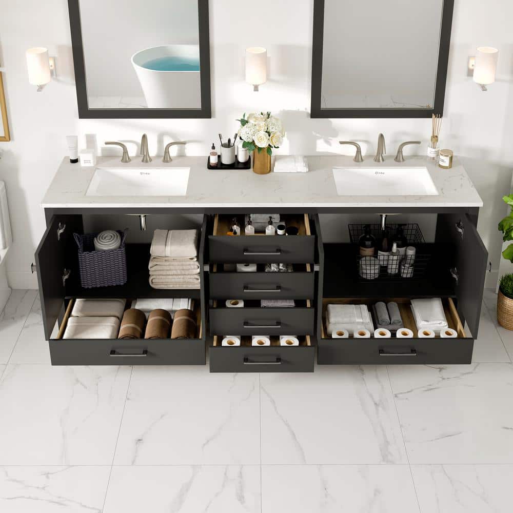 Eviva Aberdeen 84 in. W x 22 in. D x 34 in. H Double Bath Vanity in Espresso with White Carrara Marble Top and White Undermount Sinks
