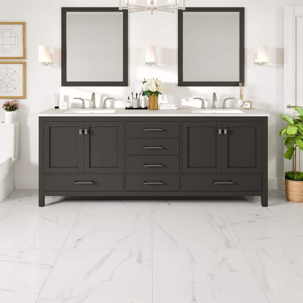 Eviva Aberdeen 78 in. W x 22 in. D x 34 in. H Double Bath Vanity in Espresso with White Carrara Marble Top and White Sinks