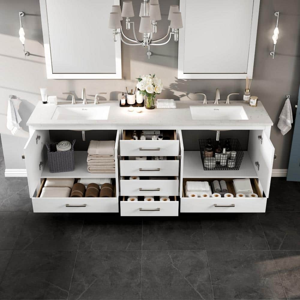 Eviva Aberdeen 84 in. W x 22 in. D x 34 in. H Double Bathroom Vanity in White with White Carrara Marble Top and White Undermount Sinks