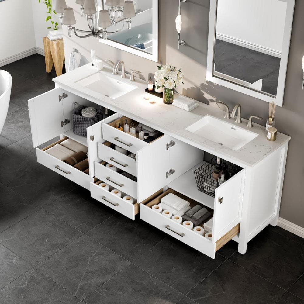 Eviva Aberdeen 84 in. W x 22 in. D x 34 in. H Double Bathroom Vanity in White with White Carrara Marble Top and White Undermount Sinks