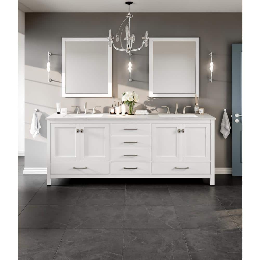 Eviva Aberdeen 84 in. W x 22 in. D x 34 in. H Double Bathroom Vanity in White with White Carrara Marble Top and White Undermount Sinks