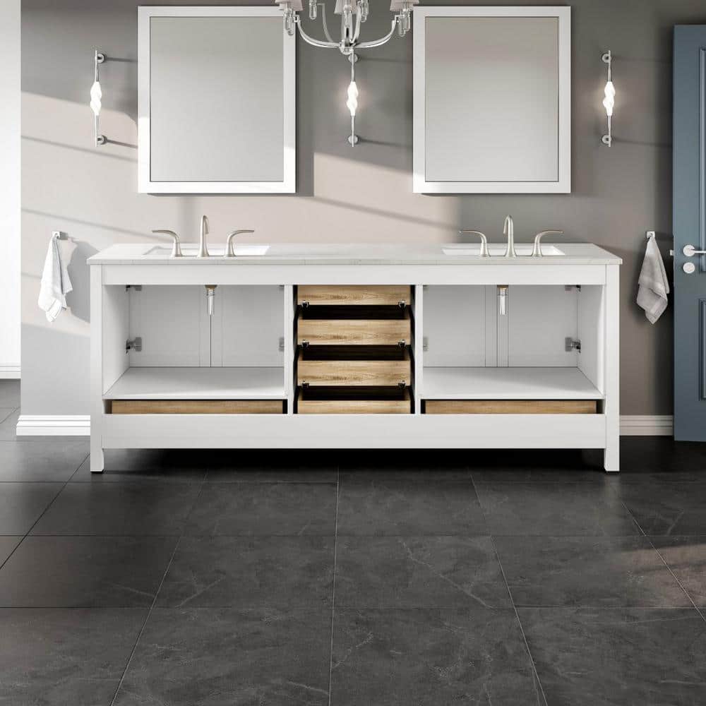 Eviva Aberdeen 84 in. W x 22 in. D x 35 in. H Double Bath Vanity in Gray with White Carrara Marble Top and White Undermount Sinks