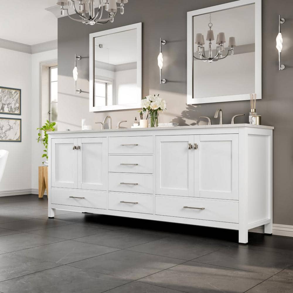 Eviva Aberdeen 84 in. W x 22 in. D x 34 in. H Double Bathroom Vanity in White with White Carrara Marble Top and White Undermount Sinks
