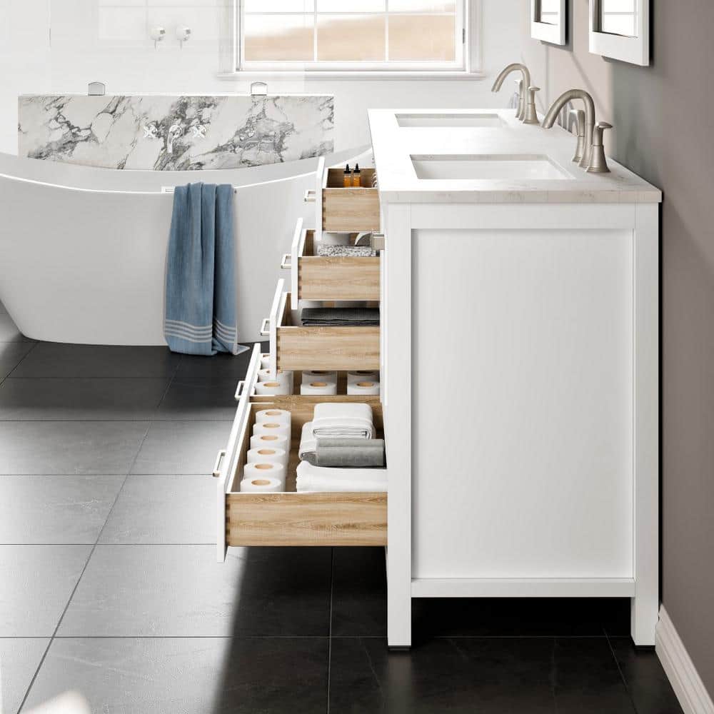 Eviva Aberdeen 84 in. W x 22 in. D x 34 in. H Double Bathroom Vanity in White with White Carrara Marble Top and White Undermount Sinks