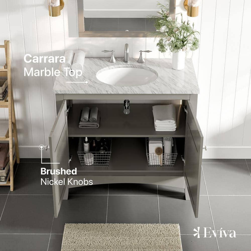 Eviva New York 36 in. W x 22 in. D x 34 in. H Bathroom Vanity in Gray with White Carrara Marble Top with White Sink