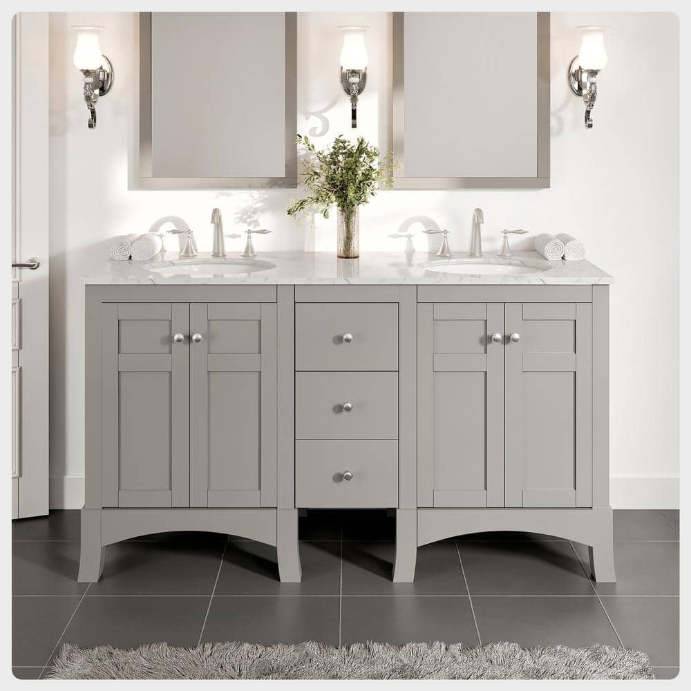 Eviva New York 60 in. W x 22 in. D x 34 in. H Bathroom Vanity in Gray with White Carrara Marble Vanity Top with White Sink