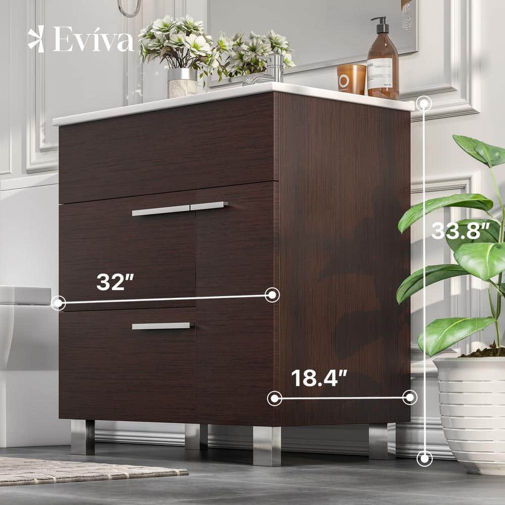 Eviva Cup 31.50 in. W x 18 in. D x 34 in. H Bath Vanity in Wenge (Dark Brown) with White Ceramic Top with White Sink