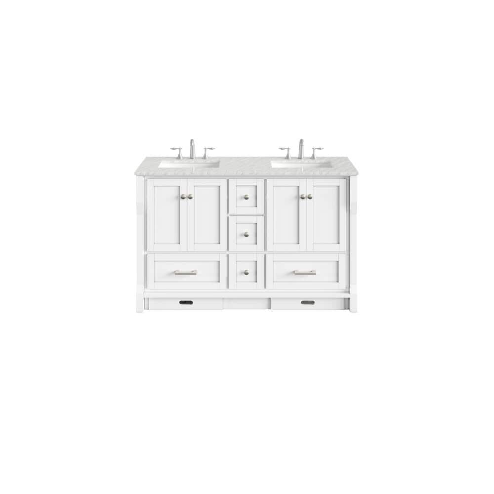 Booster 60 in. W x 22 in. D x 34 in. H Double Bath Vanity in White with White Carrara Marble Top with White Sinks