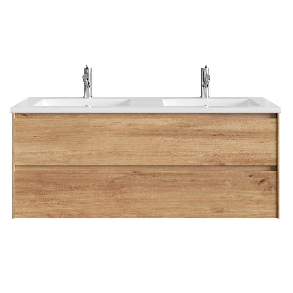 Eviva Bloom 48 in. W x 18 in. D x 34 in. H Double Sink Floating Bath Vanity in Natural Oak with White Porcelain Top
