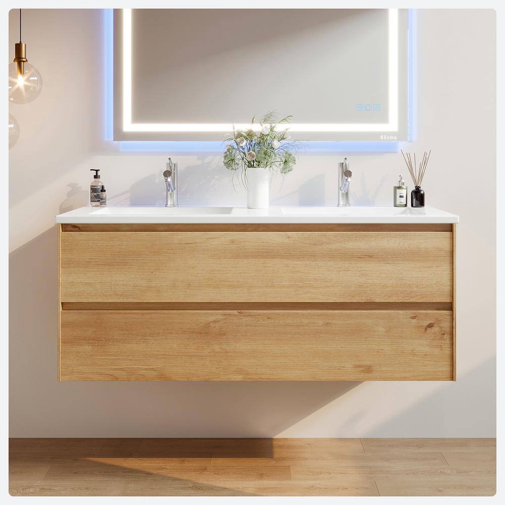 Eviva Bloom 48 in. W x 18 in. D x 34 in. H Double Sink Floating Bath Vanity in Natural Oak with White Porcelain Top