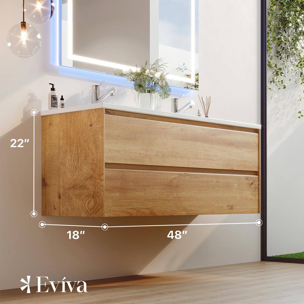 Eviva Bloom 48 in. W x 18 in. D x 34 in. H Double Sink Floating Bath Vanity in Natural Oak with White Porcelain Top
