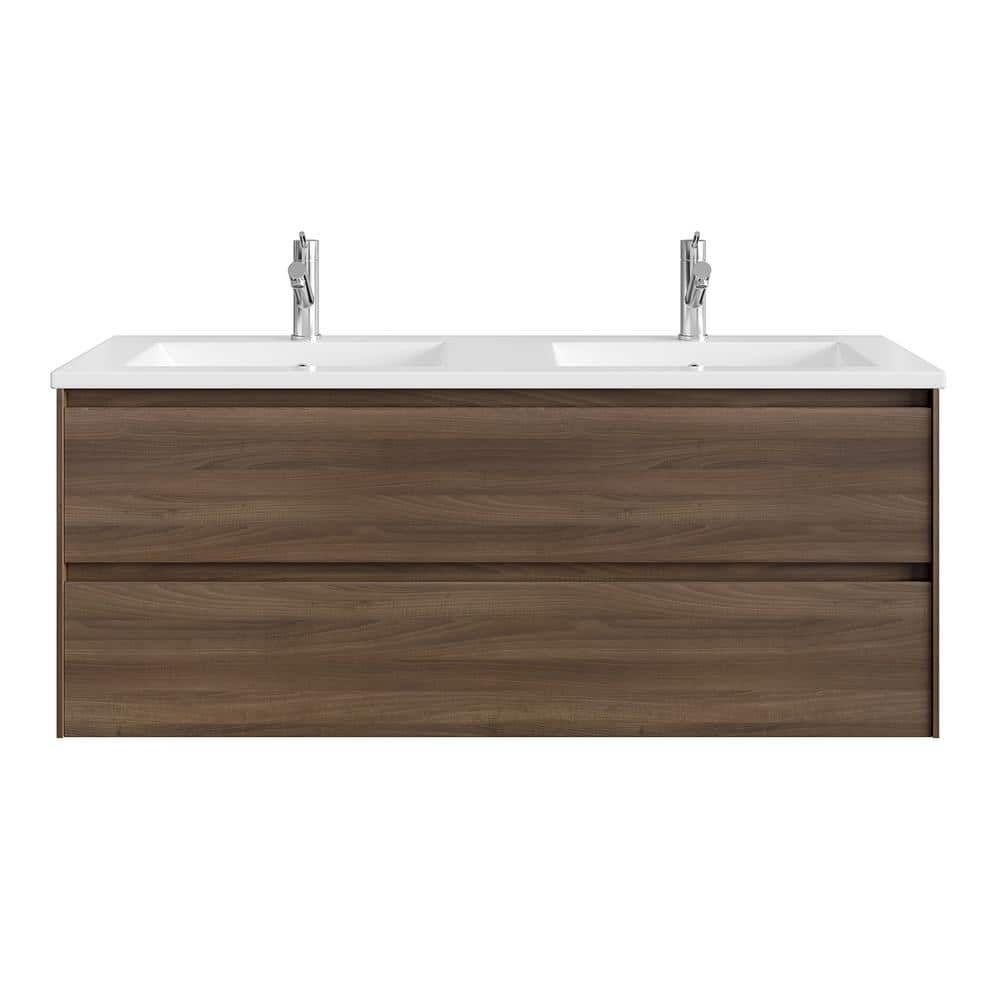 Eviva Bloom 48 in. W x 18 in. D x 34 in. H Double-Sink Floating Bath Vanity in Walnut with White Porcelain Top