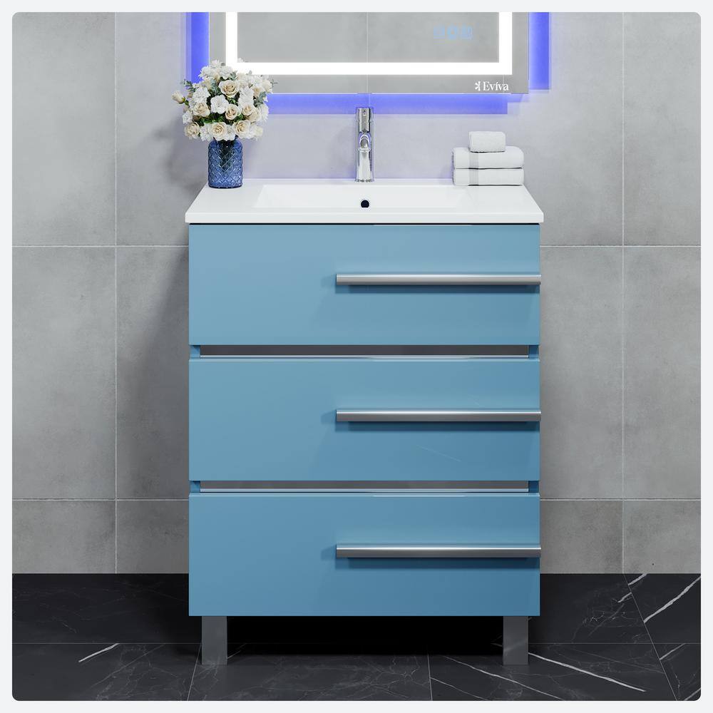 Eviva Olivia 28 in. W x 14 in. D x 34 in. H Single Sink Freestanding Bath Vanity in Blue with White Porcelain Top
