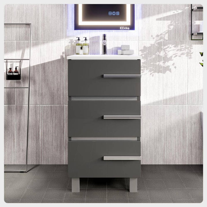 Eviva Deluxe 20 in.W x 18 in.D x 34in.H Single Freestanding Bath Vanity in Gray with White Porcelain Integrated Sink Top