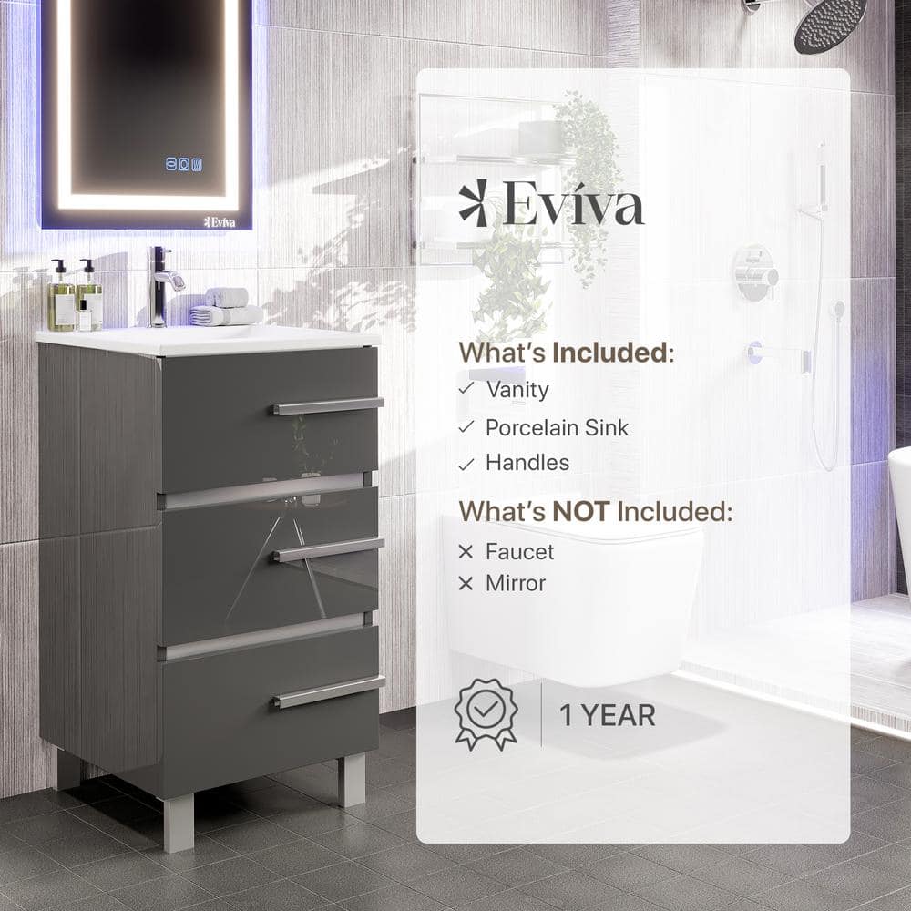 Eviva Deluxe 20 in.W x 18 in.D x 34in.H Single Freestanding Bath Vanity in Gray with White Porcelain Integrated Sink Top