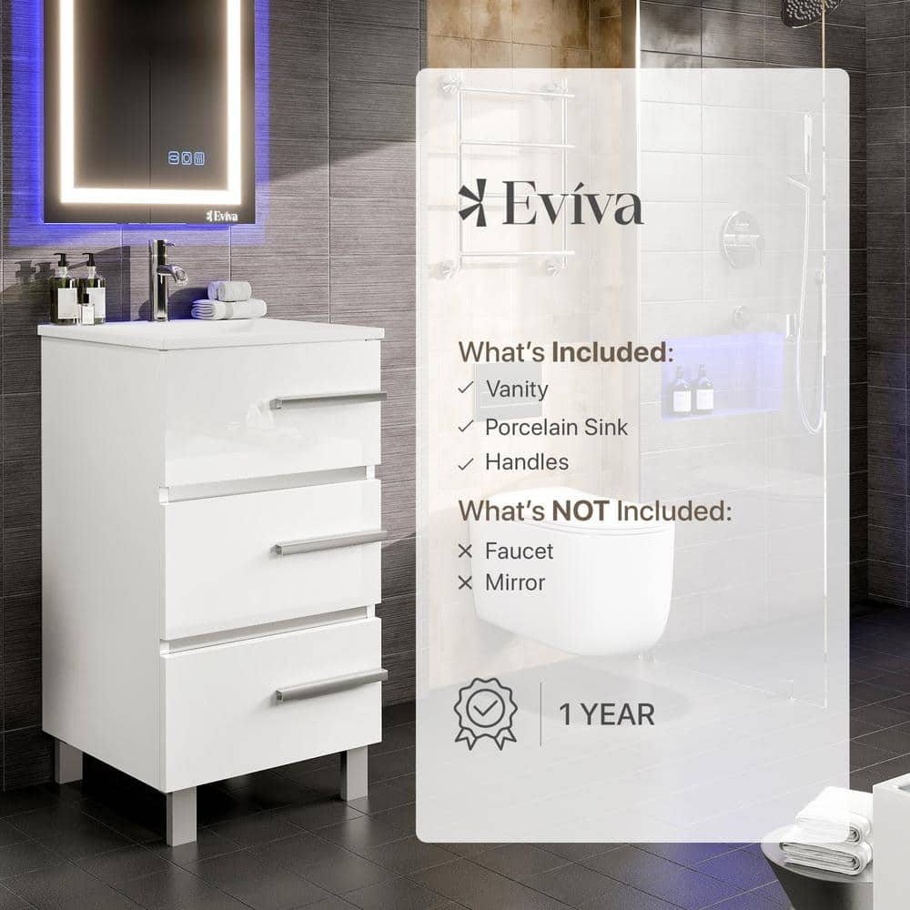 Eviva Deluxe 20 in. W. x 18 in. D x 34 in. H Single Freestanding Bath Vanity White, White Porcelain Integrated Sink Top