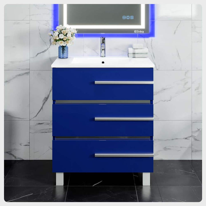 Eviva Deluxe 24 in. W x 18 in. D x 34 in. H Single Freestanding Bath Vanity in Blue White Porcelain Integrated Sink Top