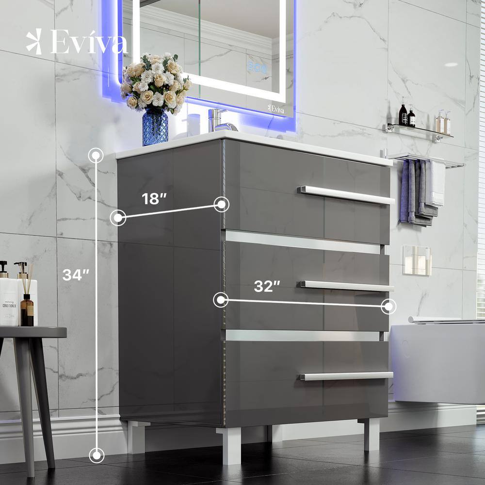 Eviva Deluxe 24 in.W x 18 in.D x 34in.H Single Freestanding Bath Vanity in Gray with White Porcelain Integrated Sink Top