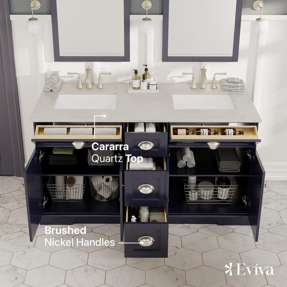 Eviva Epic 60 in. W x 22 in. D x 34 in. H Double Bathroom Vanity in Charcoal Gray with White Carrara Quartz Top and White Undermount Sinks