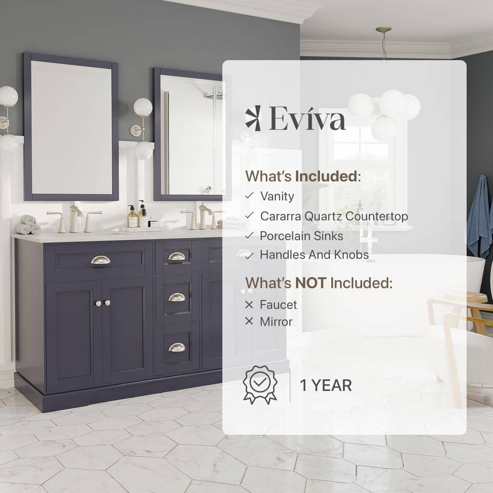 Eviva Epic 60 in. W x 22 in. D x 34 in. H Double Bathroom Vanity in Charcoal Gray with White Carrara Quartz Top and White Undermount Sinks