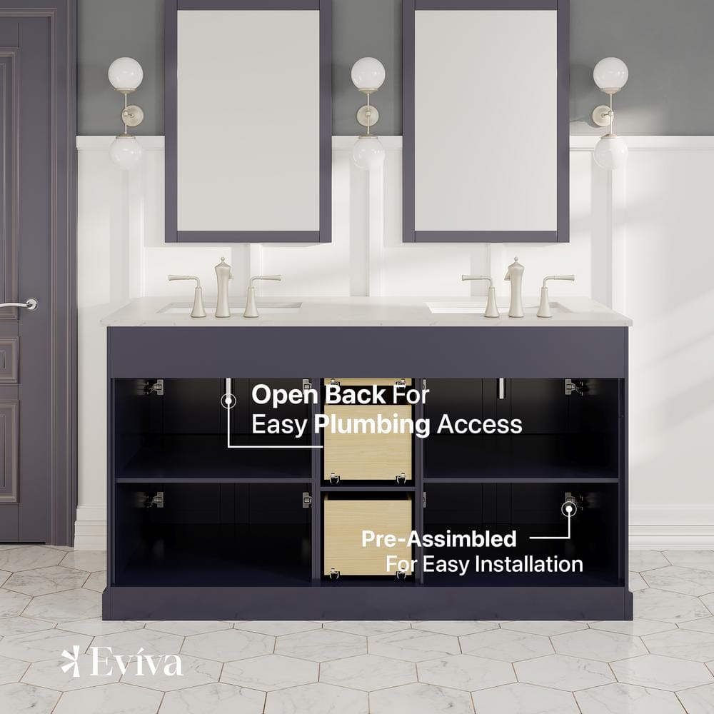 Eviva Epic 60 in. W x 22 in. D x 34 in. H Double Bathroom Vanity in Charcoal Gray with White Carrara Quartz Top and White Undermount Sinks