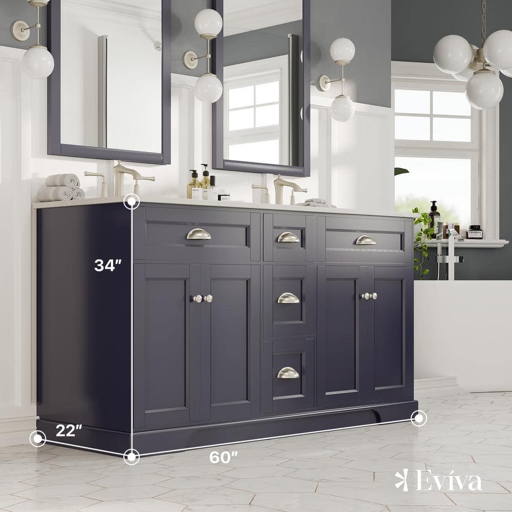Eviva Epic 60 in. W x 22 in. D x 34 in. H Double Bathroom Vanity in Charcoal Gray with White Carrara Quartz Top and White Undermount Sinks