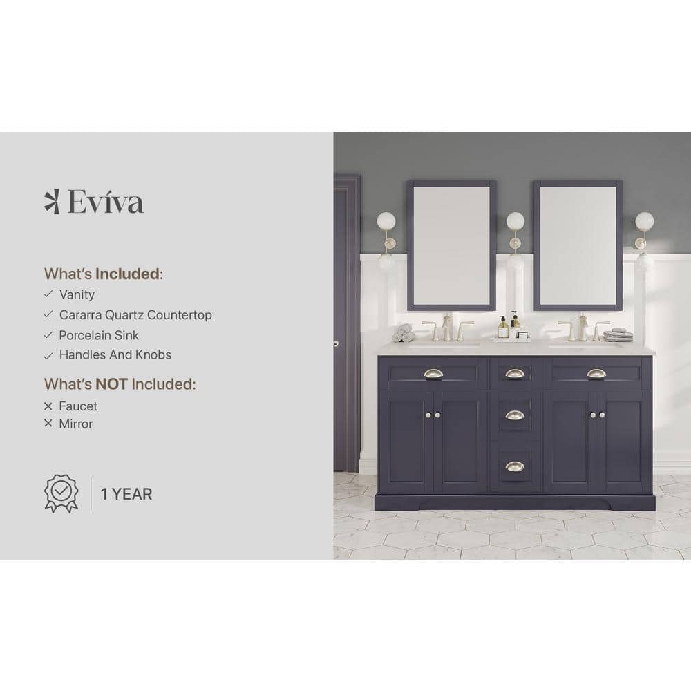Eviva Epic 60 in. W x 22 in. D x 34 in. H Double Bathroom Vanity in Charcoal Gray with White Carrara Quartz Top and White Undermount Sinks