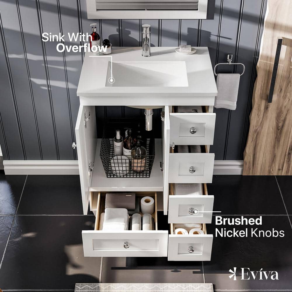 Eviva Acclaim 24 in. W x 22 in. D x 34 in. H Bath Vanity in White with White Quartz Top with White Sink